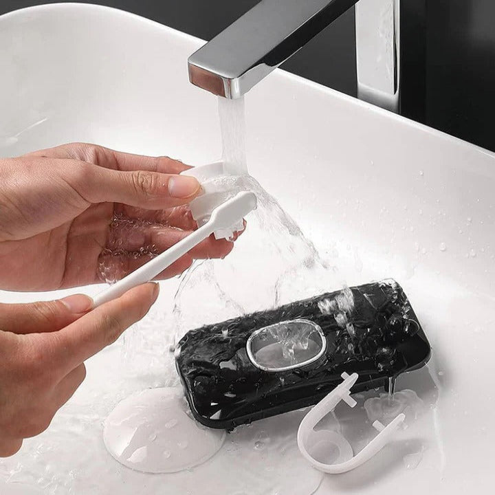 Automatic Toothpaste Dispenser Wall Mounted | Built-In Light &amp; Toothbrush Storage | Adhesive No-Drill Installation 8