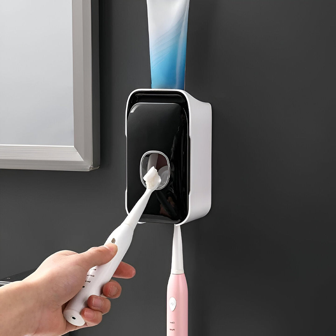 Automatic Toothpaste Dispenser Wall Mounted | Built-In Light & Toothbrush Storage | Adhesive No-Drill Installation 1