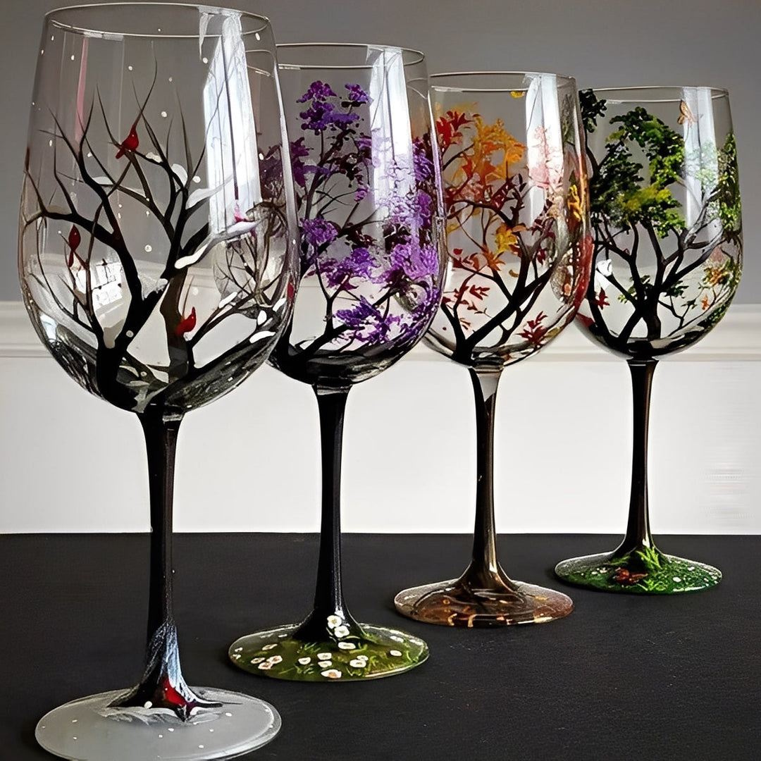 Hand-Painted Wine Glasses Set of 4 | Four Seasons Tree Design, Stemless or Stemmed | Dishwasher-Safe Handcrafted Glassware 10