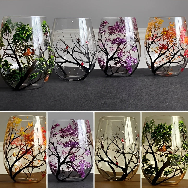 Hand-Painted Wine Glasses Set of 4 | Four Seasons Tree Design, Stemless or Stemmed | Dishwasher-Safe Handcrafted Glassware 9