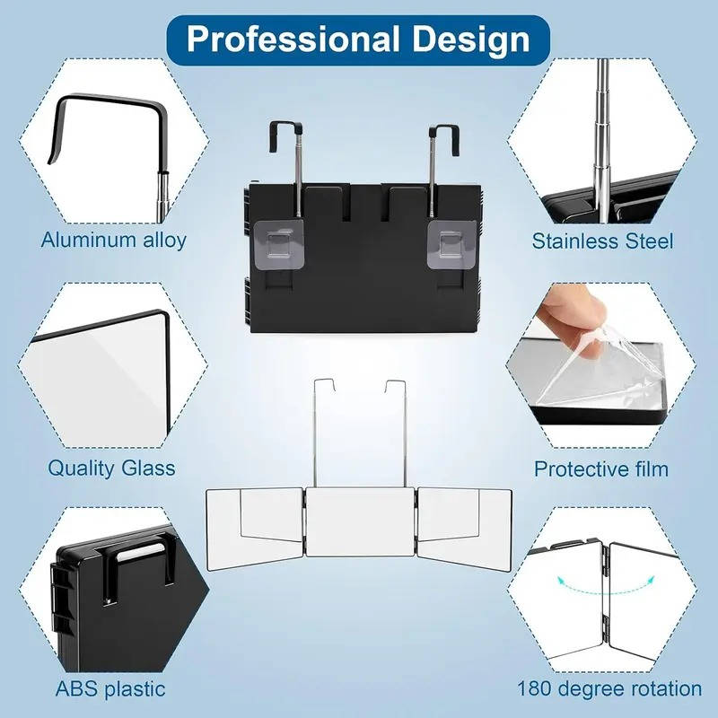 Tri Fold Mirror ABS and Glass | 180 Degree Rotating Panels with Telescopic Hook | Foldable for Travel and Daily Use 6