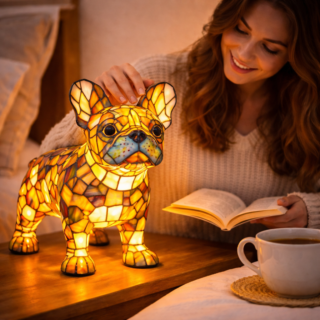 Stained Glass Dog Table Lamp Resin Base | Mosaic LED Night Light with Button Switch | USB-Powered Decor for Bedroom, Desk or Shelf 1
