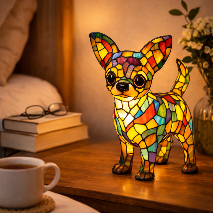 Stained Glass Dog Table Lamp Resin Base | Mosaic LED Night Light with Button Switch | USB-Powered Decor for Bedroom, Desk or Shelf 5