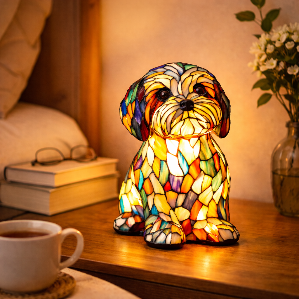 Stained Glass Dog Table Lamp Resin Base | Mosaic LED Night Light with Button Switch | USB-Powered Decor for Bedroom, Desk or Shelf 4