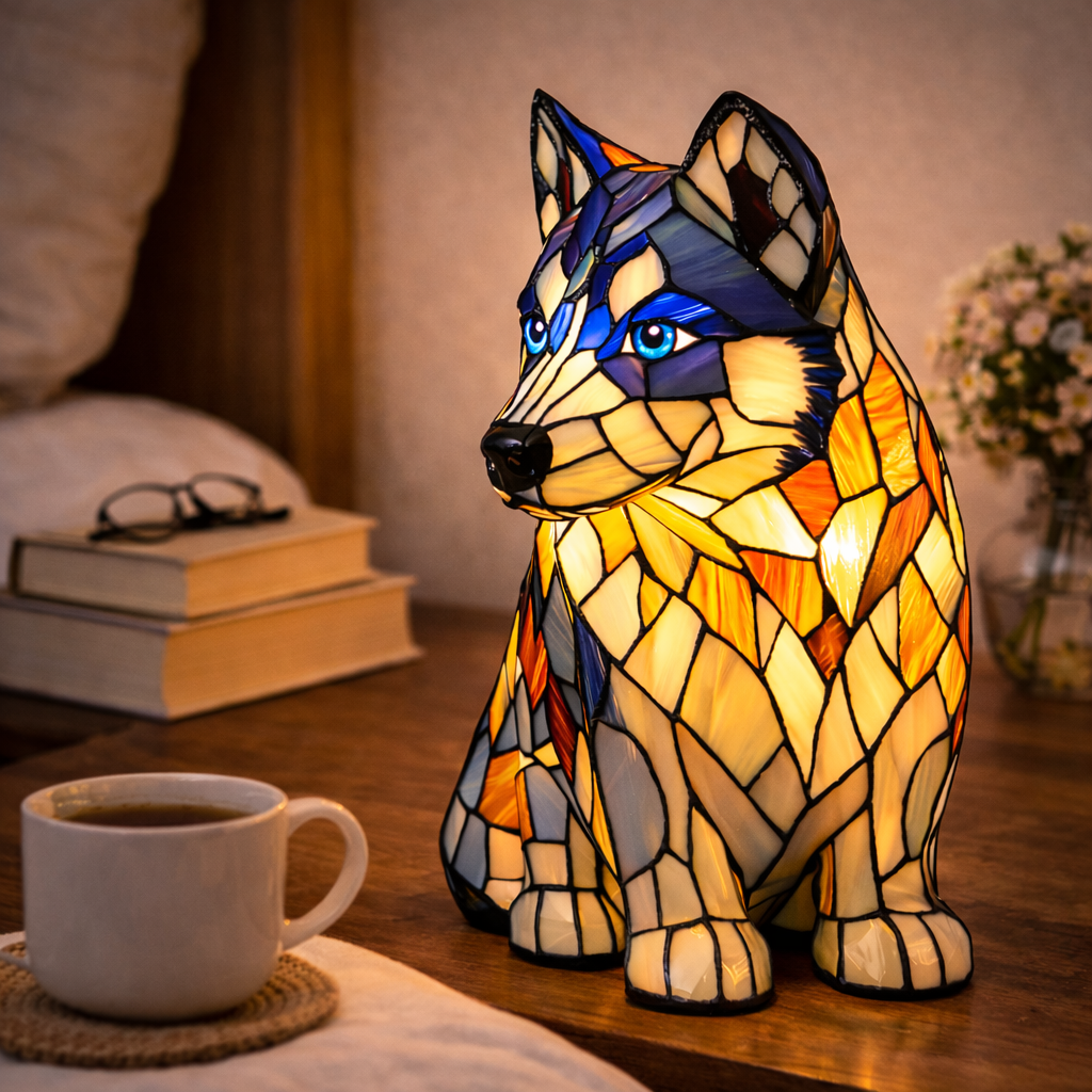 Stained Glass Dog Table Lamp Resin Base | Mosaic LED Night Light with Button Switch | USB-Powered Decor for Bedroom, Desk or Shelf 12