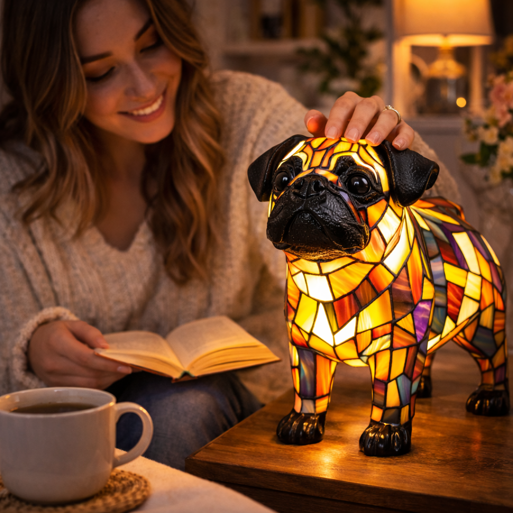 Stained Glass Dog Table Lamp Resin Base | Mosaic LED Night Light with Button Switch | USB-Powered Decor for Bedroom, Desk or Shelf 18