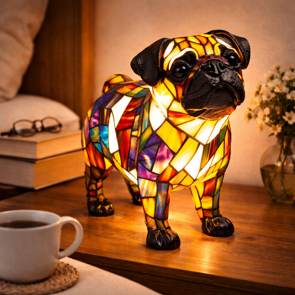 Stained Glass Dog Table Lamp Resin Base | Mosaic LED Night Light with Button Switch | USB-Powered Decor for Bedroom, Desk or Shelf 11