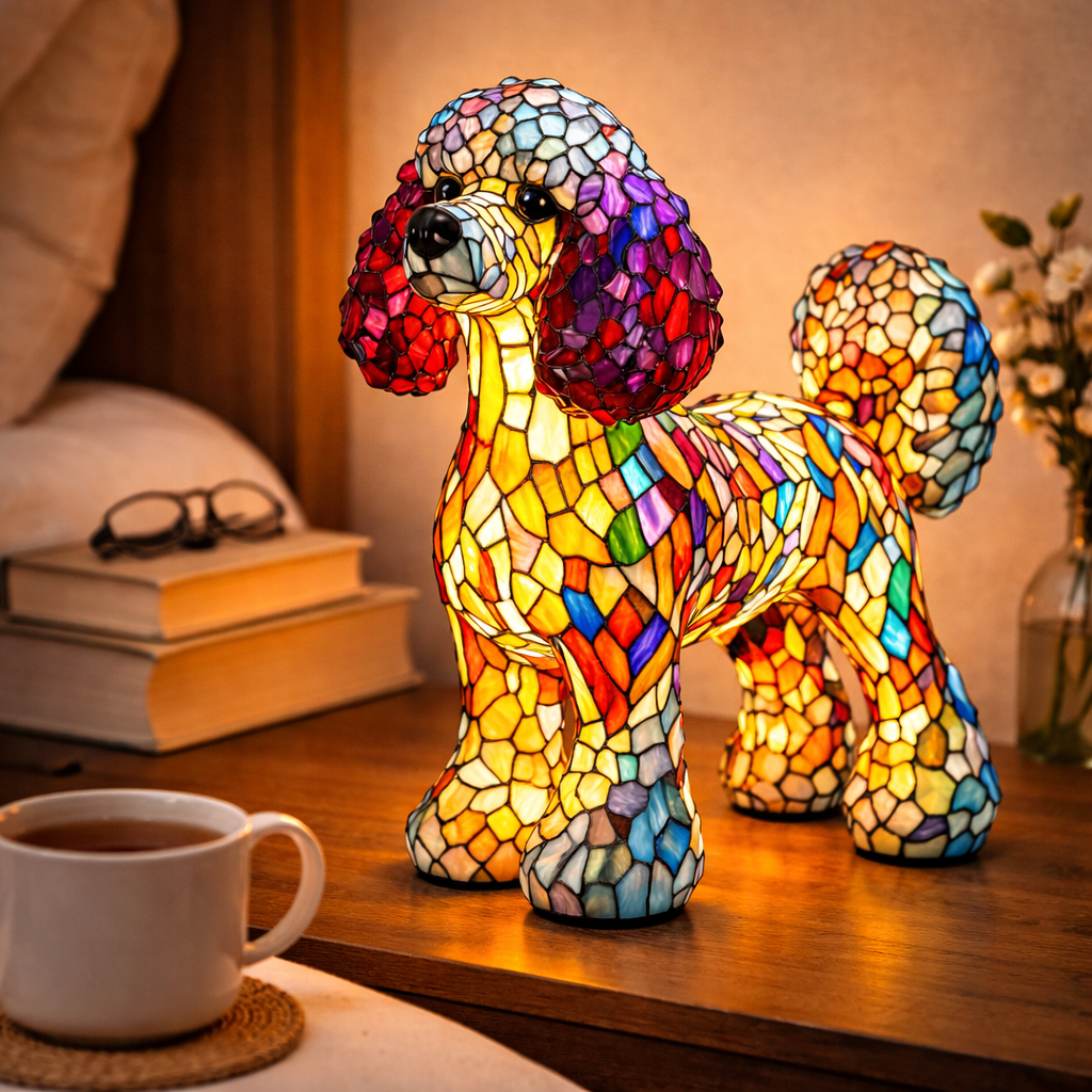 Stained Glass Dog Table Lamp Resin Base | Mosaic LED Night Light with Button Switch | USB-Powered Decor for Bedroom, Desk or Shelf 10