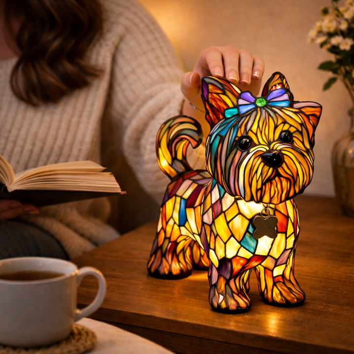 Stained Glass Dog Table Lamp Resin Base | Mosaic LED Night Light with Button Switch | USB-Powered Decor for Bedroom, Desk or Shelf 20